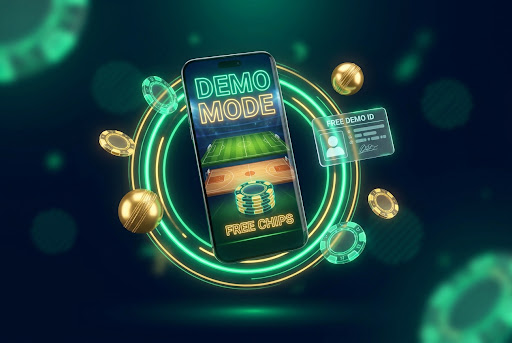 Premium 3D illustration of a floating smartphone showing a sports betting demo mode, surrounded by golden cricket balls and neon green chips against a midnight navy background.