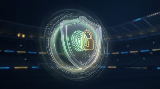 Futuristic glassmorphic shield with a glowing neon green fingerprint and a gold padlock floating inside it, set against a dark, blurred out sports stadium background. The aesthetic is high-tech cybersecurity, emphasizing trust and digital protection in a modern sports betting environment. Deep navy and neon green color palette.